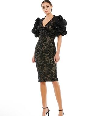 MAC Duggal Elegant Black Embellished Puff-Sleeve Sheath Dress Size 12 New